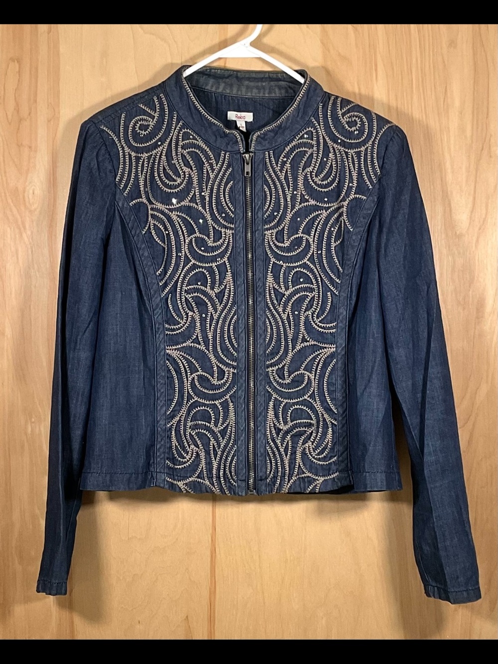 Reba Embroidered Rhinestone Full-Zip Denim Jacket - EUC